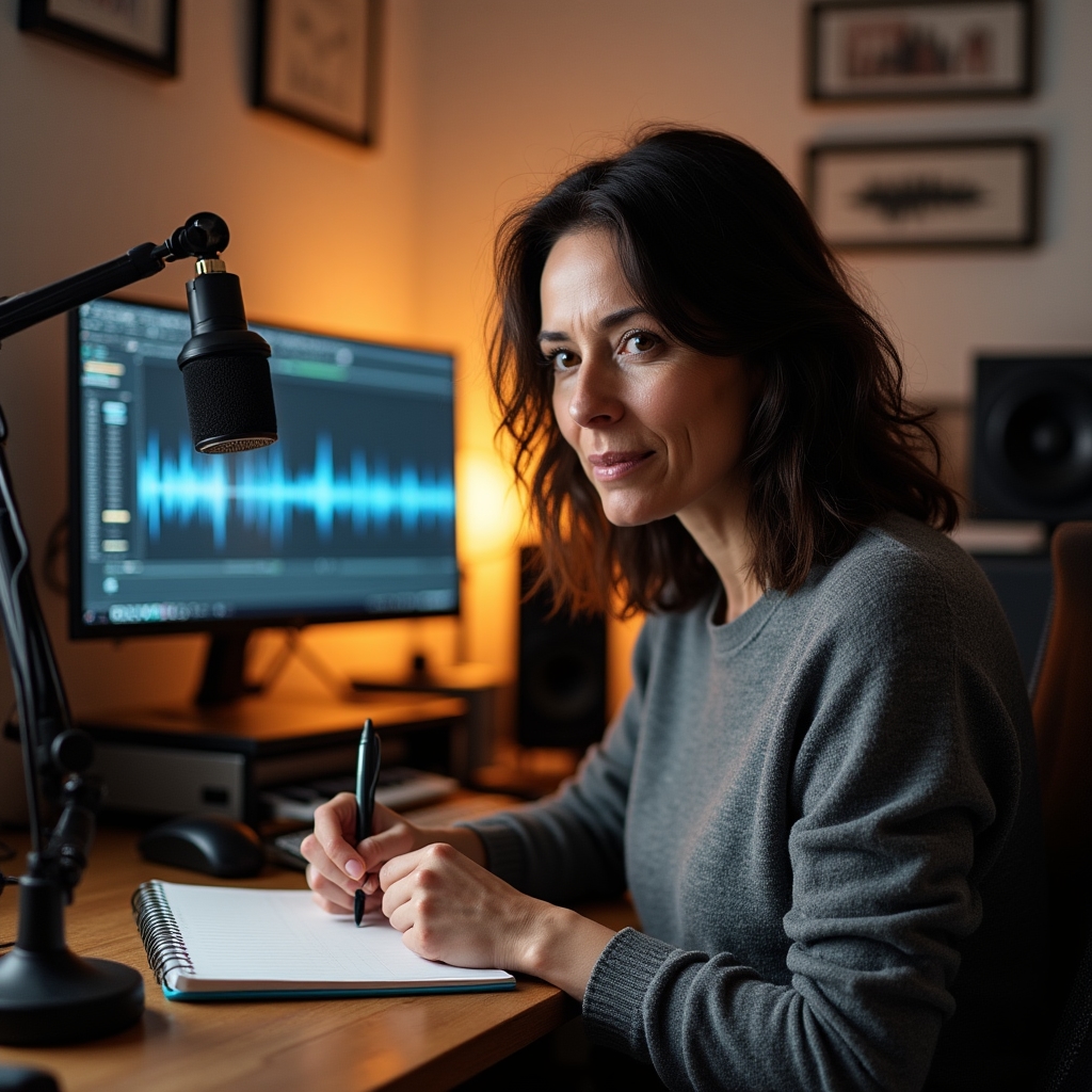 Author working at a home studio desk with audio equipment and notes, captured in warm natural light